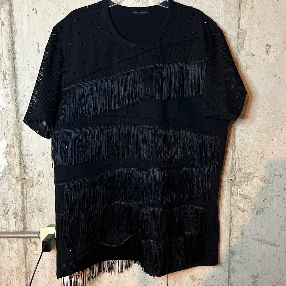 Black shirt with fringe, mesh, rhinestone details